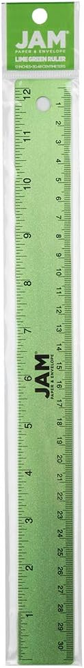 JAM PAPER Strong Aluminum Ruler - 12 Inch - Metal Ruler with Non-Skid Cork Backing - Lime Green - Sold Individually