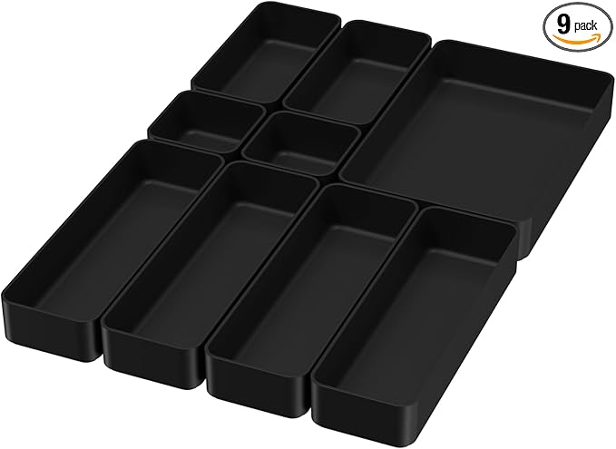 9 Pcs Stackable Drawer Organizer Trays Set, Multifunctional Stackable Storage Trays for Vanity, Bathroom, Kitchen, Desk Drawer Organizer Office. Plastic Drawer Organizers Available In 5 Colours, Black