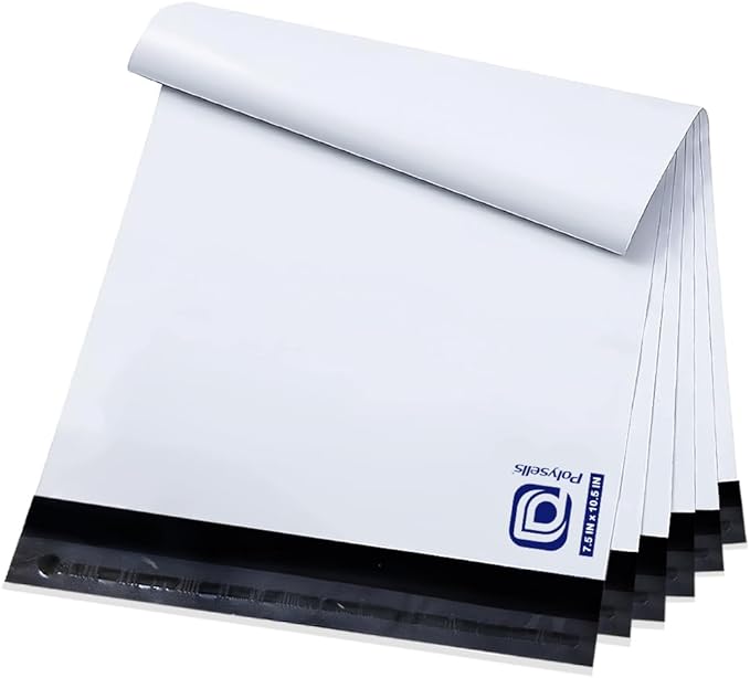 POLYSELLS Poly Mailers Shipping Envelopes, Strong Adhesive Sealing, Waterproof, and Tear-resistant Postal Mailing Bags for Clothing, Books, and Accessories (White, 100, 7.5" X 10.5")