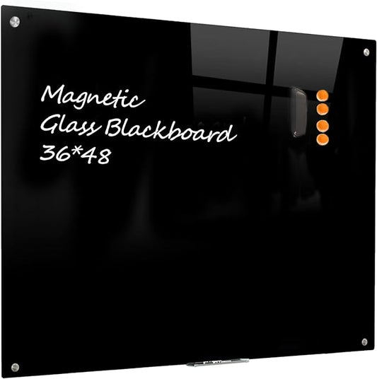Glass Black Board Magnetic Dry Erase Board - Black Board 48 x 36 Inches Wall Mounted Glass Blackboard, Large Frameless Glass Black Board for Wall Office, Home & School