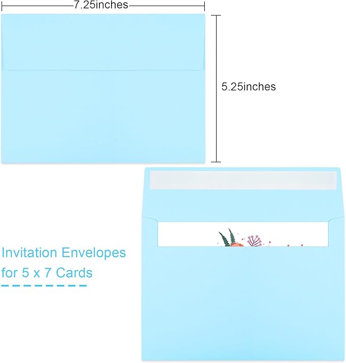 Joyberg 50 Pack Blue 5x7 Envelopes - Self Seal for Weddings, Invitations, Photos & Greeting Cards