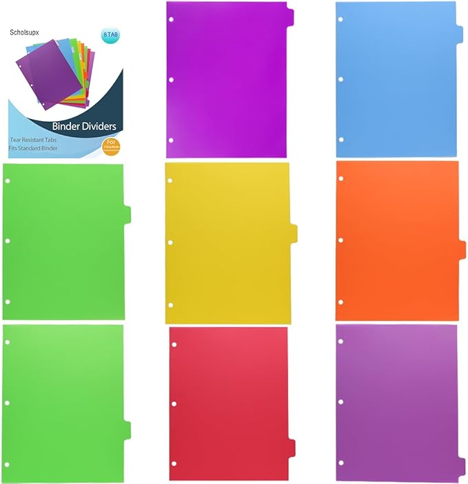 Binder Dividers for 3 Ring Binder, 8 Tab Set, Durable Plastic Dividers with Tabs for Letter Size, Colorful Notebook Dividers for for Office, School