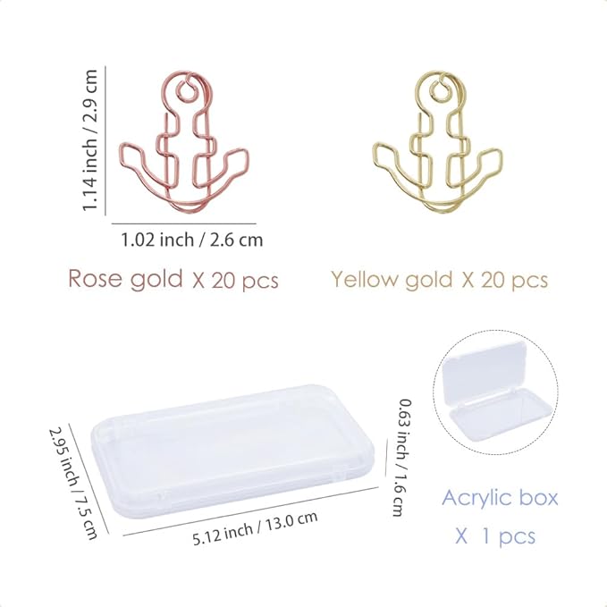 OWLFAVO 40pcs Anchor Shape Paper Clips with Clear Box, Rose Gold and Yellow Gold, Funny Cute Paperclips Bookmarks Planner Clips for Fun Office Supplies School Gifts Wedding Decoration
