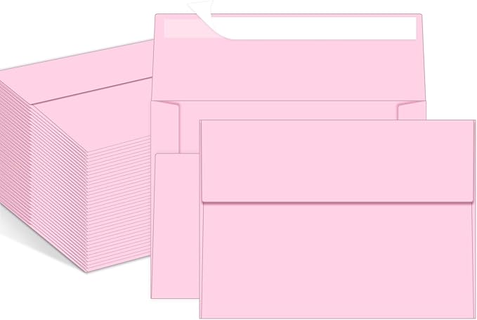 100 Packs 5x7 envelopes, A7 White Envelopes for Invitations Self Seal Printable for Greeting Cards, Weddings, Invitations, Photos, Postcards, Mailing (Pink)