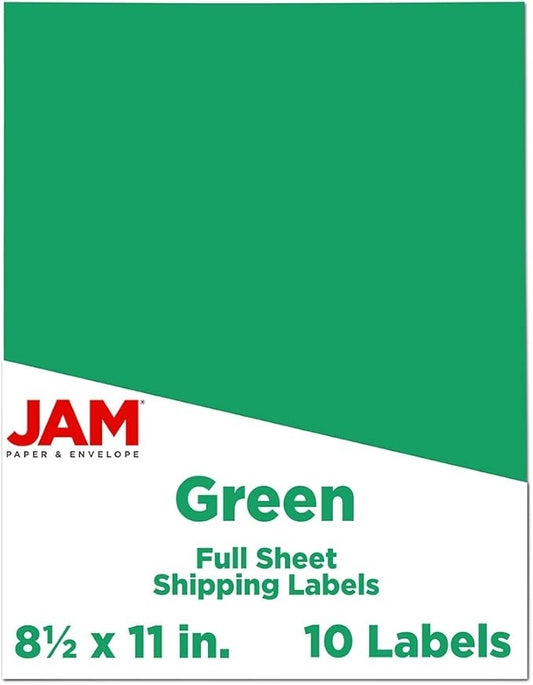 JAM PAPER Full Sheet Shipping Labels - Printable Sticker Paper - 8 1/2 x 11 - Green - 10 Full Pages/Pack