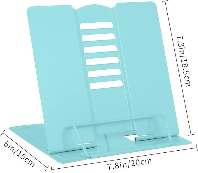 MSDADA Desk Book Stand Metal Reading Rest Book Holder Adjustable Cookbook Documents Holder Portable Sturdy Bookstands for Recipes Textbooks Tablet Music Books with Page Clips (Light Lake Green)