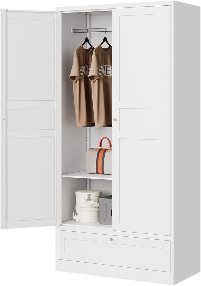 Letaya Wardrobe Closet,72" H Clothing Metal Storage Cabinet with Storage Drawer Adjustable Shelves and Hanging Rod,Bedroom Armoire Cabinet Clothes Organizer (White)