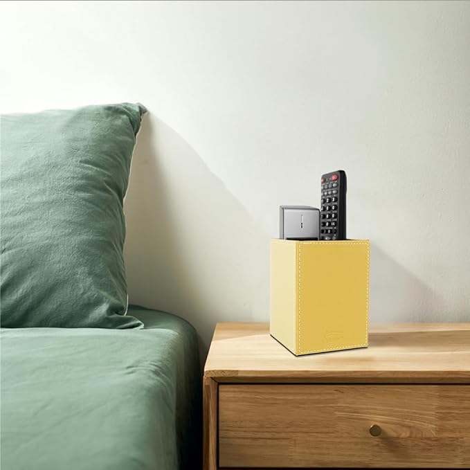 Pen Pencil Holder Cup Container PU Leather Desk Organizer Stand Decor Brush Scissor Holder Decoration Office Desk Home School (Yellow, 3.54" x 3.54" x 4.72")