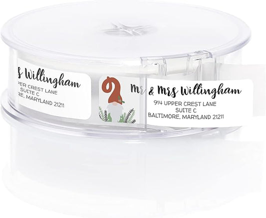 Holiday Gnome Rolled Address Label/Roll of 250 Adorable Christmas Personalized Address Labels/Designer Return Address Stickers in Elegant Plastic Dispenser