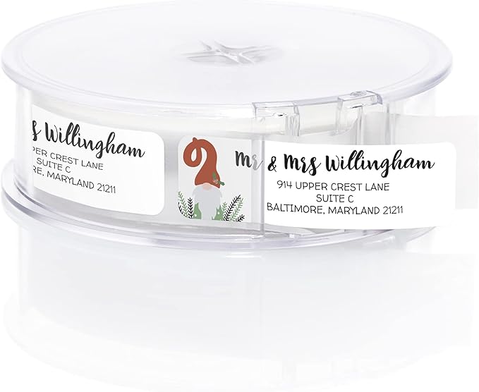 Holiday Gnome Rolled Address Label/Roll of 500 Adorable Christmas Personalized Address Labels/Designer Return Address Stickers in Elegant Plastic Dispenser