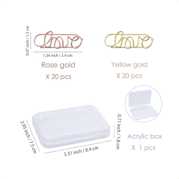OWLFAVO 40pcs Love Shape Paper Clips with Clear Box, Rose Gold and Yellow Gold, Funny Cute Paperclips Bookmarks Planner Clips for Fun Office Supplies School Gifts Wedding Decoration