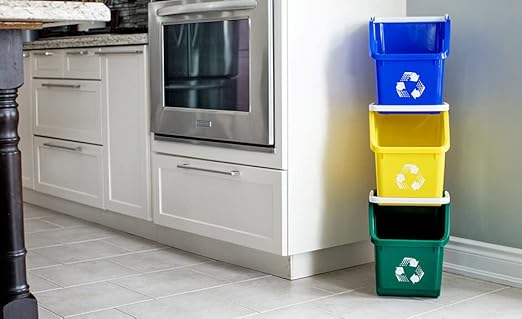 Multi Recycling System with Three Stackable 5 Gallon Bins to Build Your Recycling Center for Offices, Homes, Garages, Businesses (9 Pack, Blue/Yellow/Green)