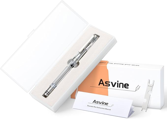 Asvine V200 Titanium Fountain Pen Vacuum Filling, Iridium Medium Nib Clear Transparent Acrylic Smooth Writing Pen Case Set