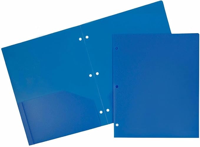 JAM PAPER Heavy Duty Plastic 3 Hole Punch Pocket Folders - Extra Tough School Folders - Blue - Bulk 144/Box