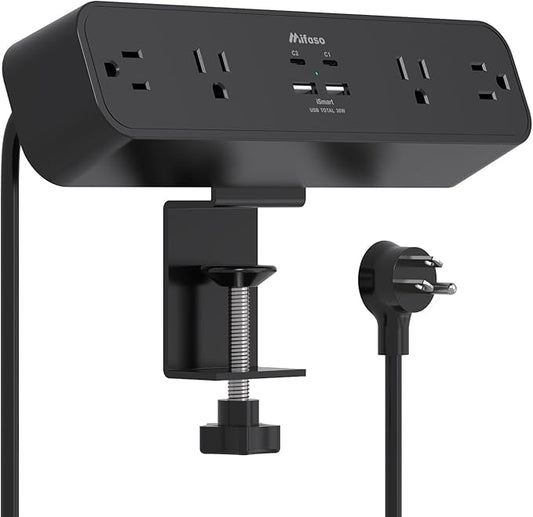 PD30W Desk Clamp Power Strip, Desktop Mount Surge Protector, Fast Charging Station, 5Ft Extension Cord Desk Mount Shelf with 4 Outlets 4 USB Ports (2 USB C), Home Office Accessories Essentials, Black
