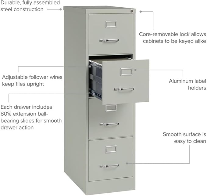 Pemberly Row 4 Drawers 52" Vertical Gray Metal Filing Cabinet Lockable Pre-Assembled Stationary Letter Size for Home, Office