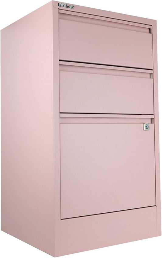 Bisley 3-Drawer Flush Front Vertical File Cabinet - Palest Pink, 2 Utility Drawers + 1 Hanging File Drawer, Powder-Coated Steel, Locking Bottom Drawer