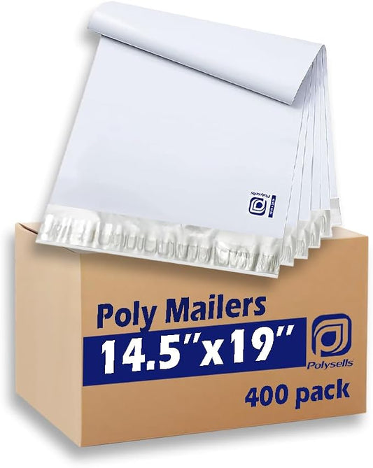 POLYSELLS 400 pcs 14.5x19 Inches White x Silver Poly Mailers Shipping Envelopes, Strong Adhesive Sealing, Waterproof, and Tear-resistant Postal Mailing Bags for Clothing, Books, and Accessories