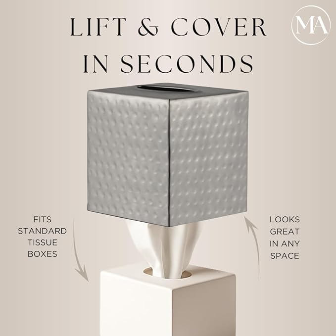 Monarch Abode Hand Hammered Tissue Box Cover Square, Pewter Tissue Holder for Bathroom, Square Metal Dresser Accessories for Home, Decorative Tissue Box Holder, Pewter Handcrafted Tissue Cover
