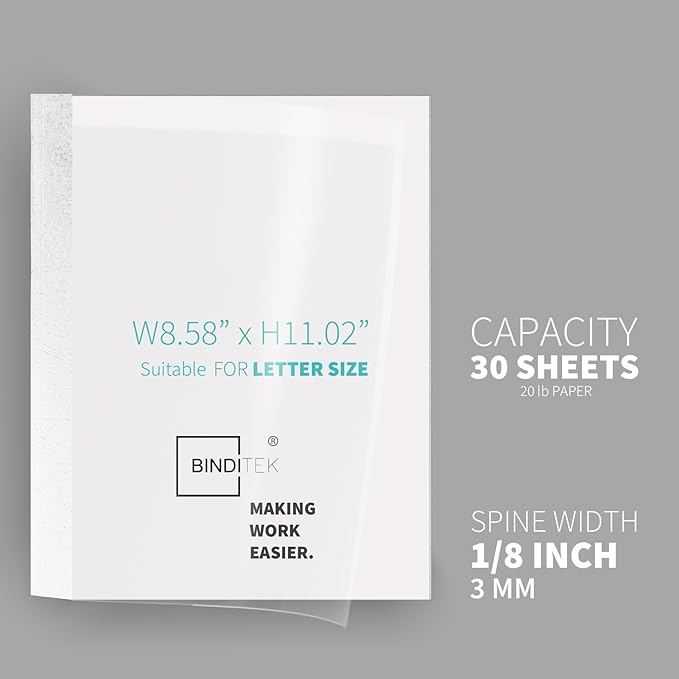 Binditek 10 Pack Thermal Binding Presentation Covers, 1/8 Inch Spine, Holds 30 Sheets, Ultra Clear Front Cover, White Paper Back Cover, Letter Size, for Students and Coworkers