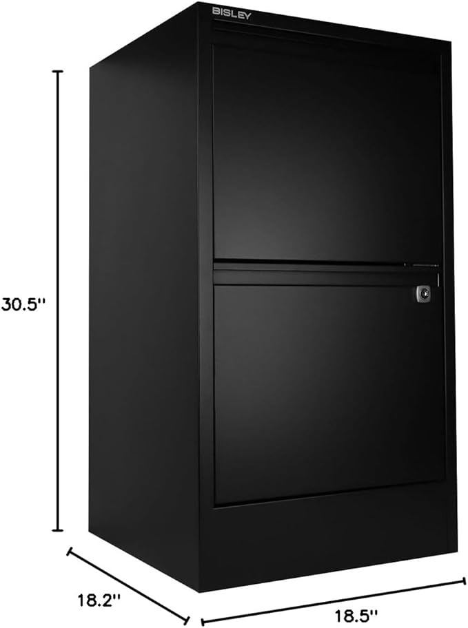 Bisley 2-Drawer Flush Front Vertical File Cabinet - Black, 2 Hanging File Drawers, Powder-Coated Steel, Locking Drawers