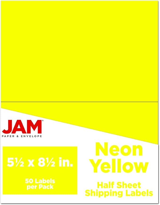 JAM PAPER Shipping Labels - Half Page - 5 1/2 x 8 1/2 - Neon Yellow - 50/Pack