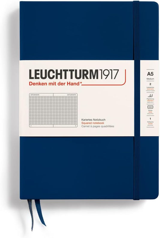 LEUCHTTURM1917 - Notebook Hardcover Medium A5-251 Numbered Pages for Writing and Journaling (Navy, Squared)