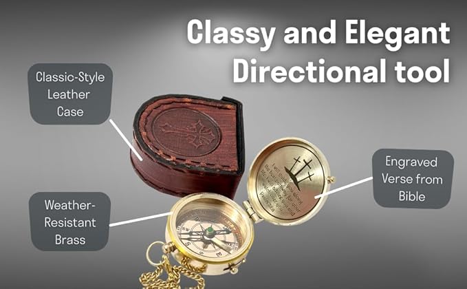 Brass Compass Engraved with Religious Scripture Verse - Ideal Gift for Son, Grandson, Daughter - Perfect for Baptism, Communion, Church and Graduation Day Present