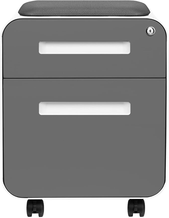 Laura Davidson Furniture STOCKPILE Mini Seated 2 Drawer Mobile File Cabinet with Removable Magnetic Cushion Seat - Short Version, Metal Filing Cabinet, Pre-Assembled, Dark Grey Face with Grey Cushion