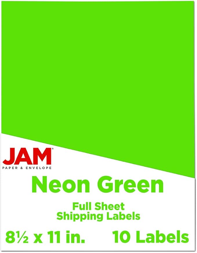 JAM PAPER Full Sheet Shipping Labels - Printable Sticker Paper - 8 1/2 x 11 - Neon Green - 10 Full Pages/Pack