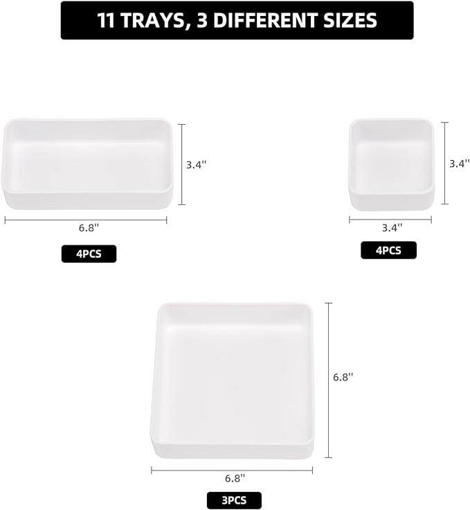 CHANCETSUI 11-Piece Stackable Drawer Organizer Set, Multi-size Desk Drawer Organizer Trays Vanity Storage Bins for Storing Makeup, Stationery, Utensils in Bathroom Dresser, Office and Kitchen