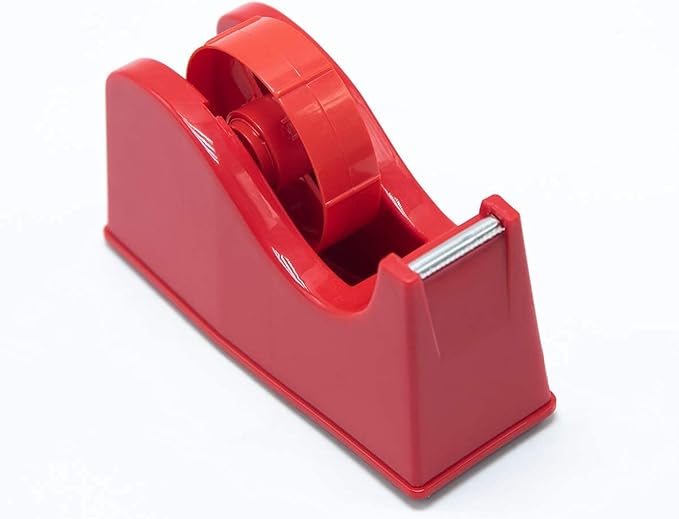 Desktop Tape Dispenser Adhesive Roll Holder (Fits 1" & 3" Core) with Weighted Nonskid Base Red