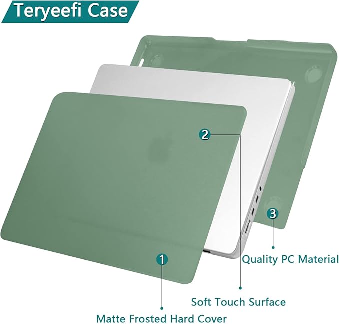 Teryeefi for MacBook Pro 16 Inch Case M4 M3 M2 M1 2025 2024-2021 Release A3403 A3186 A2485 A2780 A2991 Model, Matte PC Hard+Keyboard Cover+Screen Protector+Type C Adapter, Frosted Midnight Green