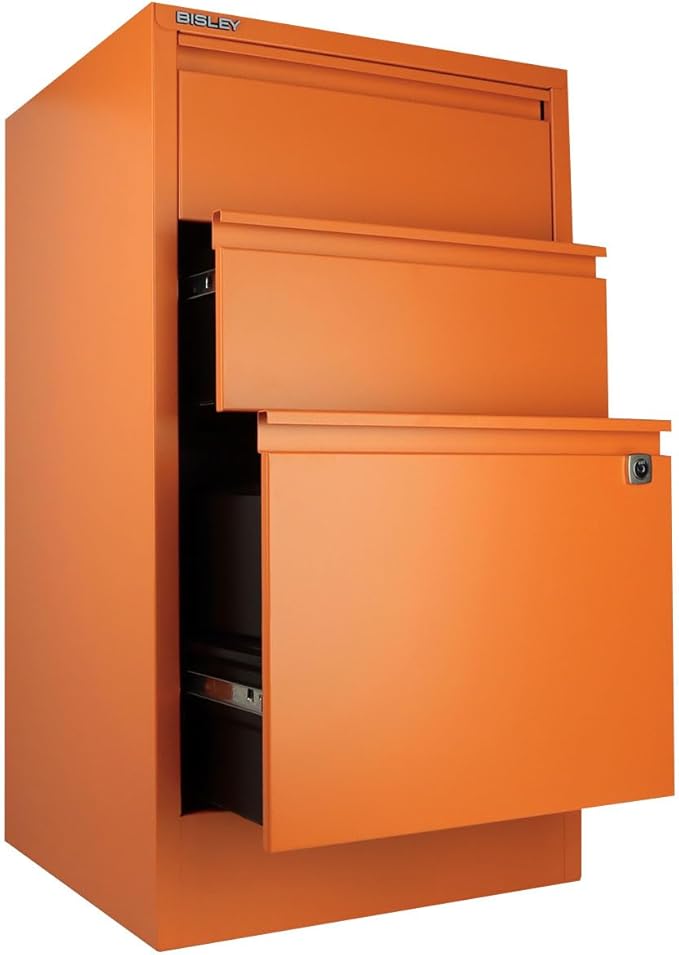 3-Drawer Flush Front Vertical File Cabinet - Bisley Orange, 2 Utility Drawers + 1 Hanging File Drawer, Powder-Coated Steel, Locking Bottom Drawer by Bisley