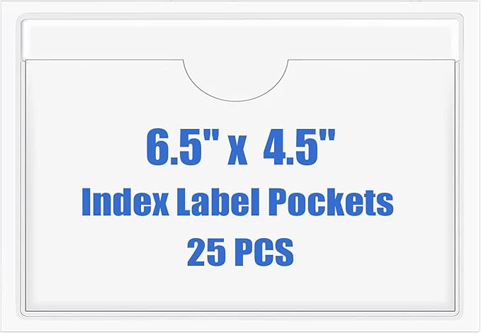 Origin-Joy 25 PCS Self-Adhesive Index Label Pockets, Clear Plastic Peel & Stick Card Holders with Top Open for Loading (6.5 x 4.5 inch)