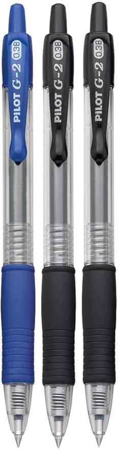 G2 Retractable Premium Gel Ink Roller Ball Pens Ultra Fine Point (.38mm) Black/Blue Ink 3 pack; Refillable & Premium Comfort Grip Bundle with Plastic Reusable Pouch