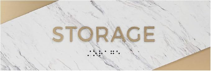 Storage Sign with Braille/Small Business Easy Adhesive Mount Door and Wall Sign / 3" x 9" Light Marble Design
