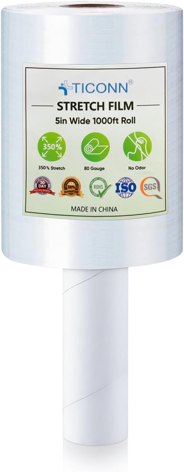 TICONN Stretch Wrap Stretch Film Roll, 1000ft Industrial Strength 5 inch Wide Clear Plastic Wrap with Handles for Pallet Wrapping Shipping Moving