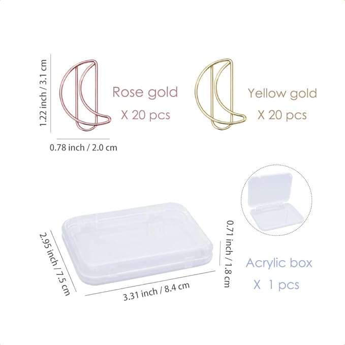 OWLFAVO 40pcs Moon Shape Paper Clips with Clear Box, Rose Gold and Yellow Gold, Funny Cute Paperclips Bookmarks Planner Clips for Fun Office Supplies School Gifts Wedding Decoration