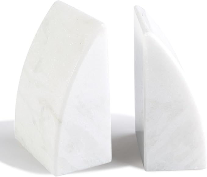 Koville Marble Bookends for Shelves, Large Bookends for Heavy Books, Natural Stone Book Stopper for Books CD Movies, Aesthetic Decorative Book Ends (White)