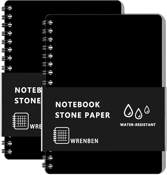 2PCS Waterproof Spiral Notebooks with Stone Paper and PVC Cover, Graph Pattern 100 Pages, 4.8"x7" Medium Size All-Weather Notepad for Outdoor Camping (4.8"x7", Black)