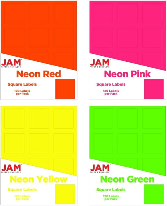 JAM PAPER Product & Container Labels - Square - 2 x 2 - Assorted Neon Colors - 120/Pack