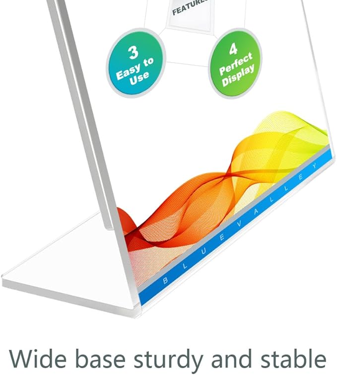 BlueValley Acrylic Sign Holder 8.5 x 11 Table Display Stand – Vertical Clear Plastic Paper Sign Frame for Flyer, Menu, Document – Free Standing Desk Photo Holder for Office, Home, Store, School, 6Pack