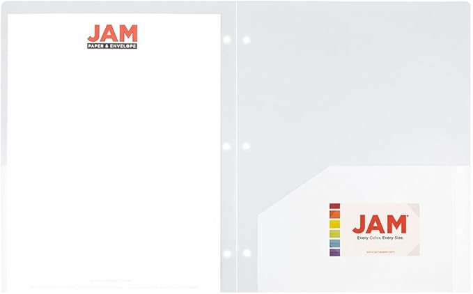 JAM PAPER Heavy Duty Plastic 3 Hole Punch Pocket Folders - Extra Tough School Folders - Clear - 6/Pack