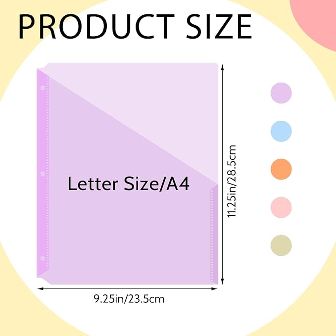 Maitys 50 Pack Binder Pockets 3 Hole Punch Clear Plastic Document Folders Binder Organizer Store Letter Size 8.5x11 Inch Paper Folders with Pockets Slash File Jacket for Office (Pastel Colors)