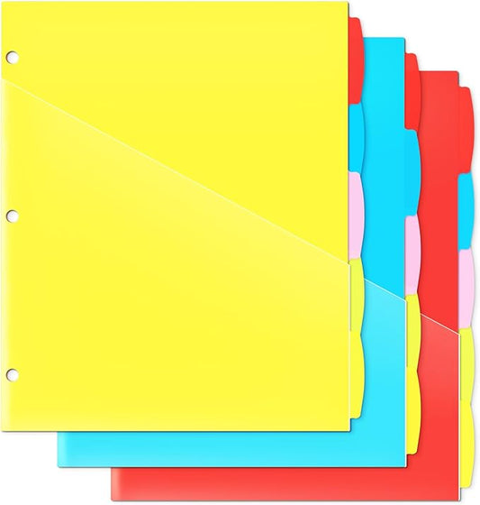 5 Tabs Plastic Dividers with 2 Clear Pockets - 3 Sets, Pocket Dividers for 3-Ring Binders, Multi-Color Binder Dividers, Total 15 Tabs