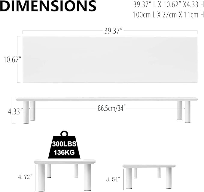 Bamboo Dual Monitor Stand Riser White, Desk Monitor Riser for 2 Monitors, Supports for PC Computer Monitor, Printer, Heavy TV Riser up to 300 lbs, White