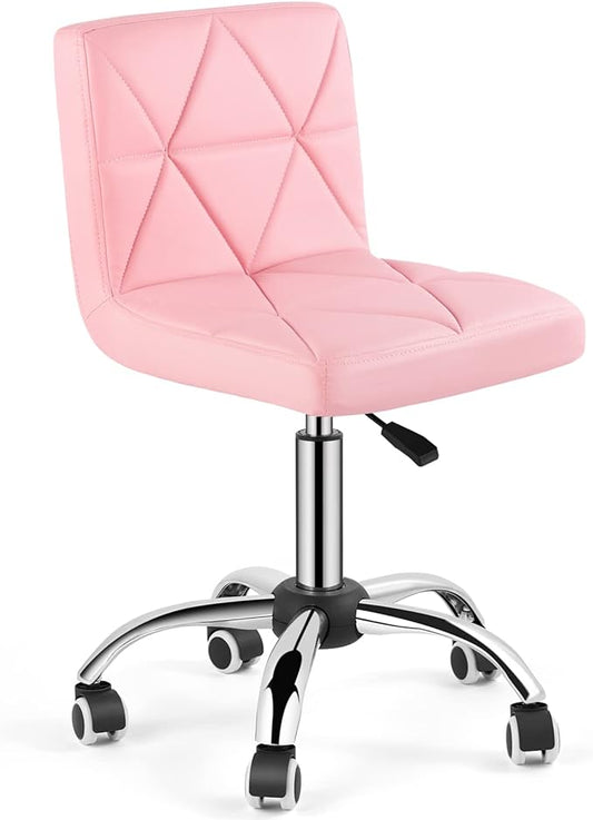 COSVALVE Armless Desk Chair, Mid Back Swivel Office Chair, Adjustable Task Chair with Rolling Wheels and Diamond Pattern, for Home Computer Barber, Pink