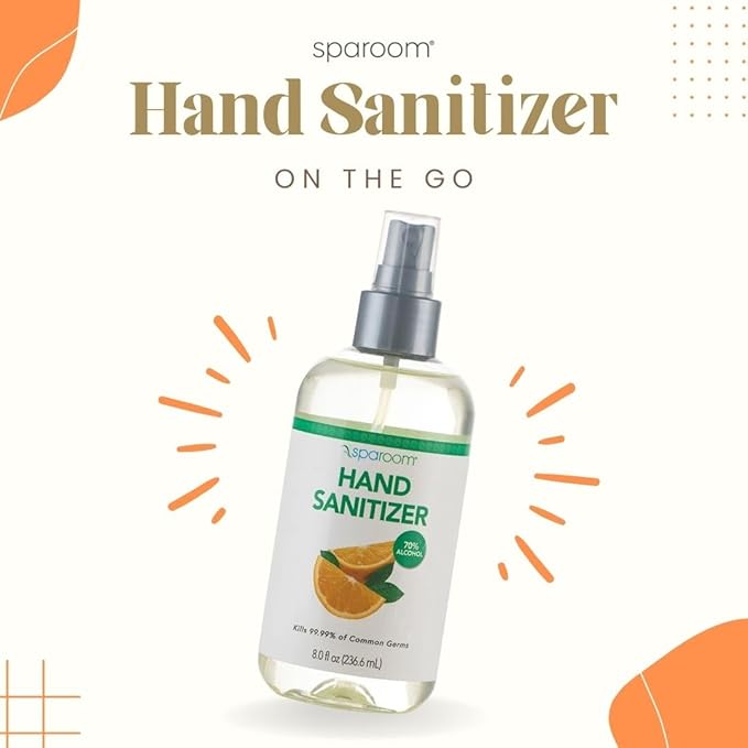 SpaRoom Hand Sanitizer Spray Orange – 70% Alcohol Formula with Aloe and Essential Oils, Travel Size Citrus Blend for On-the-Go Hygiene and Skin Moisture – 8oz Leak-Proof Bottle