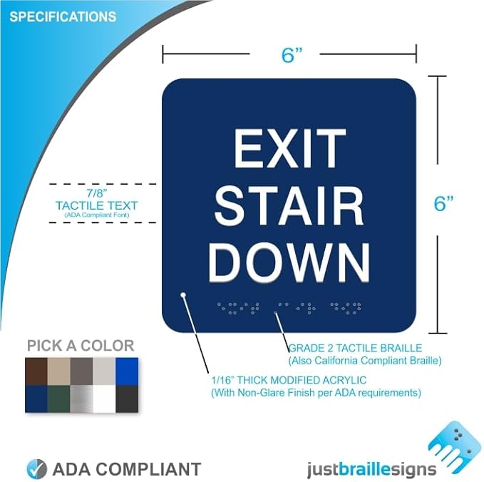 ADA EXIT STAIR DOWN braille sign, 6” x 6”, ADA Compliant Stair Exit Identification Sign for Building or Business, Many Colors Choices, Made in USA (Saphire Blue)